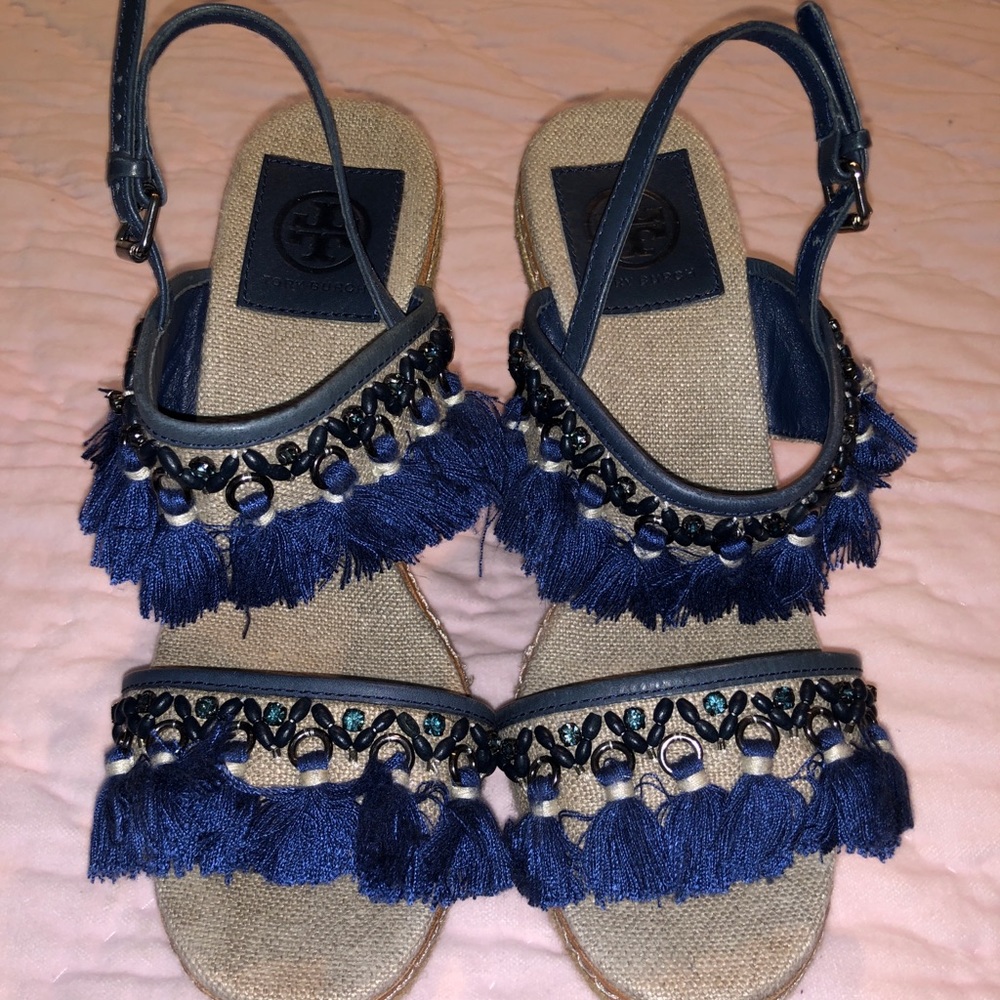 Tory Burch blue beaded wedges